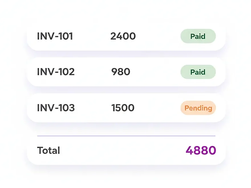Invoice list with paid and pending rows and a total