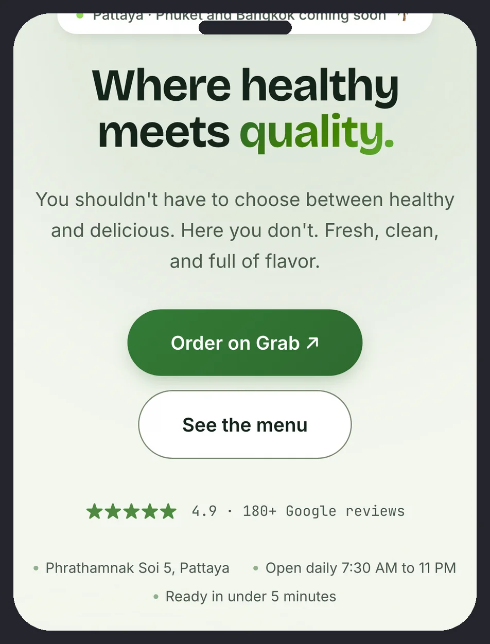 PokePoke Thai na telefonie: oferta zdrowego jedzenia z przyciskiem zamówienia, odnośnikiem do menu i oceną 4.9 z ponad 180 opinii Google